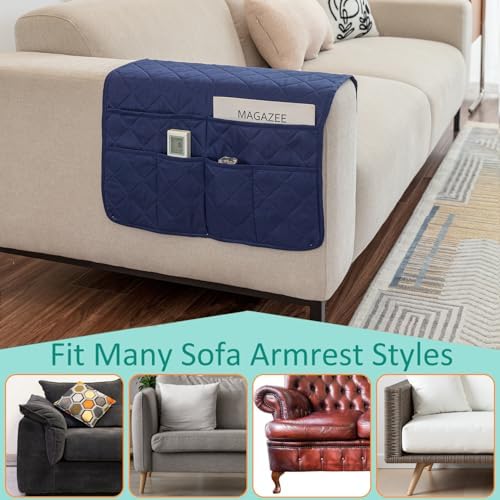 Sofa Armrest Organizer with 6 Pockets, Non-Slip Couch Recliner Armchair Caddy, Washable Remote Controls Holder, Storage for Magazine, Tablet (Navy) - Image 6