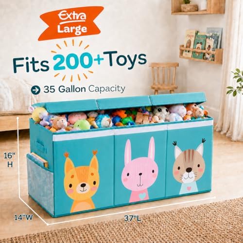 SoftOwl Extra Large Toy Storage Organizer with Lid - Sturdy, Collapsible Toy Chest Storage Box with Cute Design - Toys Bin with Dividers for Kids, Boys, Girls, Nursery, Bedroom, Play room 37"x16"x14" - Image 2