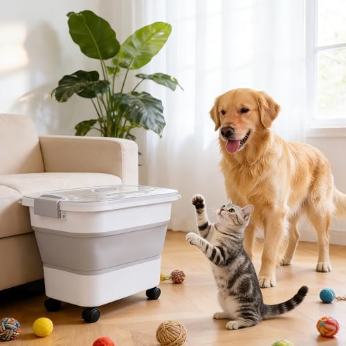 Dog Food Storage Container 25-30lbs, Airtight Pet Food Bin with Transparent Lid, Collapsible Design with Rolling Wheels & Scoop, Space-Saving, Light Gray - Image 7