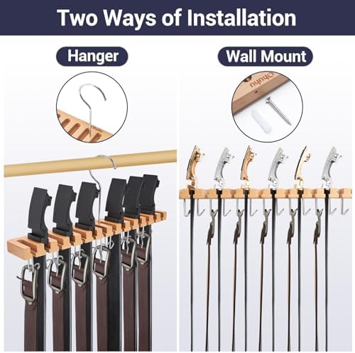 Ohuhu 2 in 1 Belt Hanger for Closet, 14 Slots 13 Hooks Wooden Organizer - Image 2