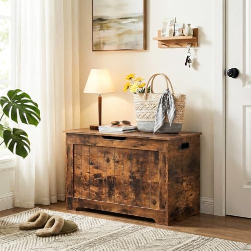 SUPER DEAL Storage Chest, 30 inches Chest Box Organizer with 2 Safety Hinges, Wooden Entryway Storage Bench, Rustic Brown - Image 4