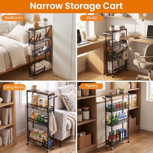 Vincona Extra Slim Storage Cart with Adjustable Shelf, 4 Tier 5.1" Narrow Rolling Utility Cart with Wooden Tabletop, Small Metal Mobile Shelf Unit Organizer Trolley for Laundry, Bathroom, Kitchen - Image 6