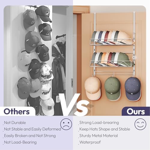 SWTYMIKI Over Door Hat Organizer - 3 Tier Wall Mounted Hat Rack with 2 Adjustable Metal Basket and 3 Hooks, Hanging Baseball Cap Organizer Storage Holds up to 29 Caps for Door, Bedroom, Closet - Image 3