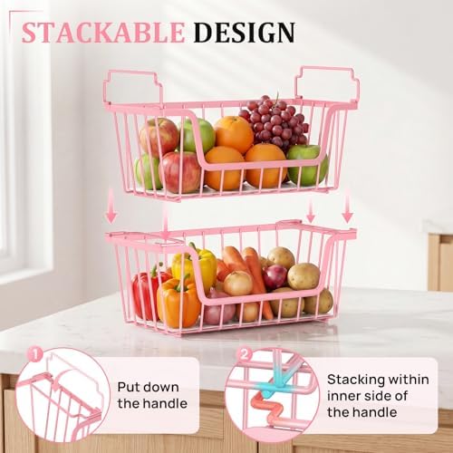 SUNALLY Stackable Storage Bins 4 Pcs Wire Baskets Freezer Organizer, Pink - Image 3
