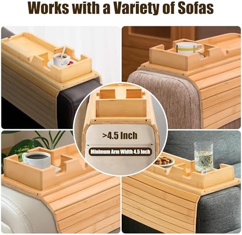 Bamboo Couch Cup Holder, Foldable and Anti-Slip Sofa Arm Table with Detachable Sofa Arm Organizer Tray, Portable 2 in 1 Sofa Armrest Tray for Drink, Coffee, Cup, Remote, Snacks, Cellphone, Glasses - Image 4