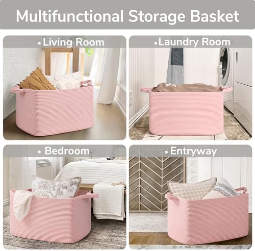 Goodpick Large Woven Rope Blanket Basket, Rectangle, Pink, 75L - Image 4