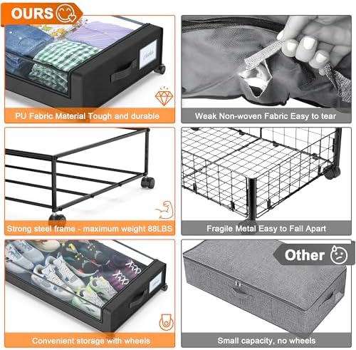 Under Bed Storage with Wheels, 2 Pack Under Bed Storage Containers with Clear Lids, XXL 65L Under Bed Storage Organizer, Rolling Under Bed Metal Drawer for Blanket, Clothes, Shoes (31 x 17 x 6.69 in) - Image 2