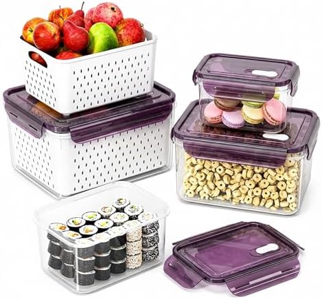 Fruit Storage Containers for Fridge with Removable Colander, Food Storage Containers with Lids, Dishwasher & Microwave Safe, Keep Berry Fruit Vegetable Meat Fresh Longer (Clear Body/Purple Lid) - Image 7