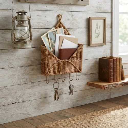 Gerrii Wicker Key Holder for Wall Rattan Mail Shape Holder with 5 Hooks - Image 3