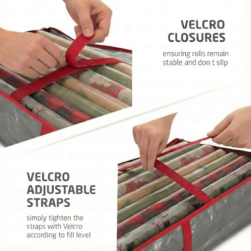 ZOBER Gift Wrapping Paper Organizer Storage - 40" Gift Wrap Storage Containers With Interior Pockets For Bows, Tags & Ribbons - Wrapping Paper Holder, Waterproof, Fits 24 Standard Rolls (Gray) - Image 5
