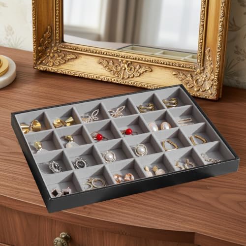 Large Jewelry Organizer Tray PU Leather, Black Gray, 24 Grids - Image 3
