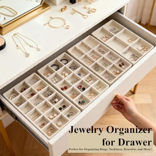 24 Pack Velvet Jewelry Trays Stackable Jewelry Organizer Trays Drawer Inserts Divided Storage Containers for Rings Earrings Jewelry Display (Beige) - Image 6