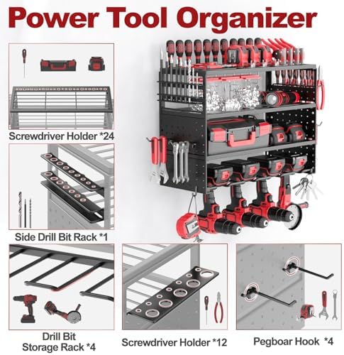 16" Metal Power Tool Organizer Wall Mount,4 Tier,Black - Image 3