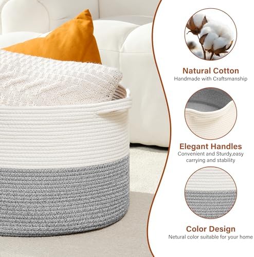 Foldable Laundry Hamper Basket with Collapsible Handle Cotton Rope Soft Woven Fabric Storage Organizer Clothes Toys Nursery Bedroom Dorm Space Saving Bin (White & Light Grey, 115L(23.6"D x 15.7"H)) - Image 5