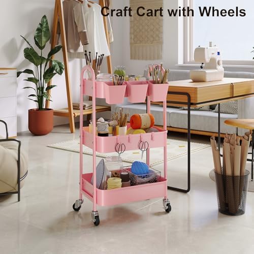 3 Tier Metal Rolling Cart with Lockable Wheels, Three Tiered Storage Carts - Image 5