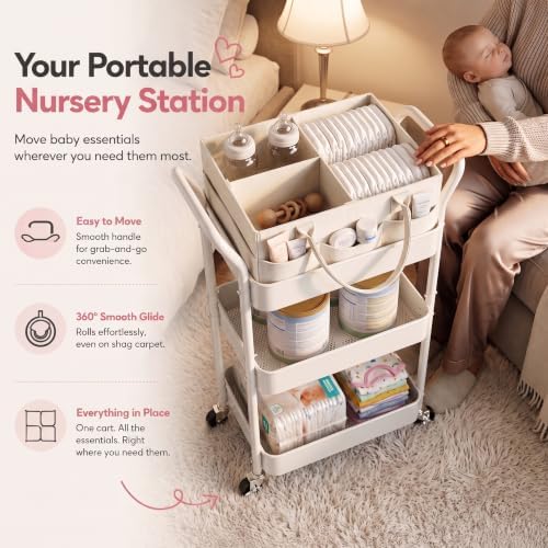 White 3 Tier Rolling Diaper Caddy Cart with Wheels,3in1 Detachable Dividers - Image 3