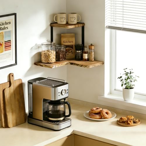 SRIWATANA 2-Tier Corner Wall Shelf, Rustic Wood Shelf, Carbonized Black - Image 2