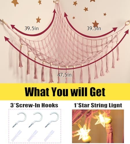 Stuffed Animal Storage Hammock Corner with LED Light - Toy Hanging Organizer Plushie Net - Pink Room Decor for Teen Girls - Cute Bedroom Aesthetic Nursery Kids Baby Toddler - Image 5