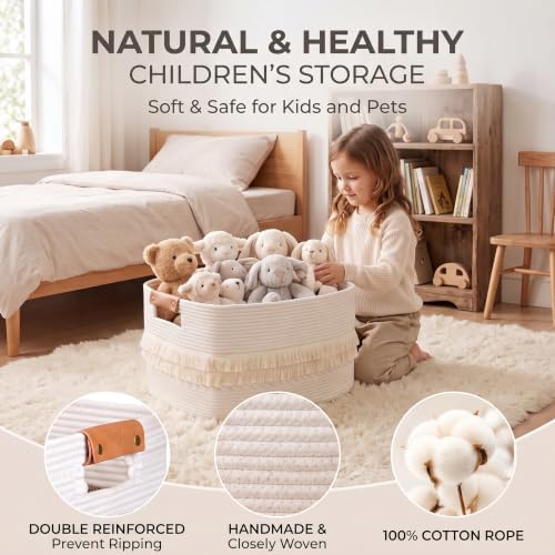 danpinera 108L Large Basket for Living Room, Boho Decorative Basket Organizing with Handles, Cotton Rope Storage for Toys, Pillows, Clothes, 25’’*16’’*16’’ White - Image 4