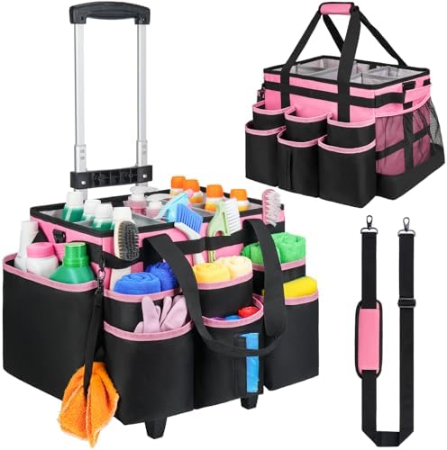 Large Rolling Cleaning Caddy Bag with Detachable Trolley,Cleaning Cart on Wheels with Shoulder Strap,Cleaning Supplies Organizer for Housekeepers,PInk by ZIOZERTT