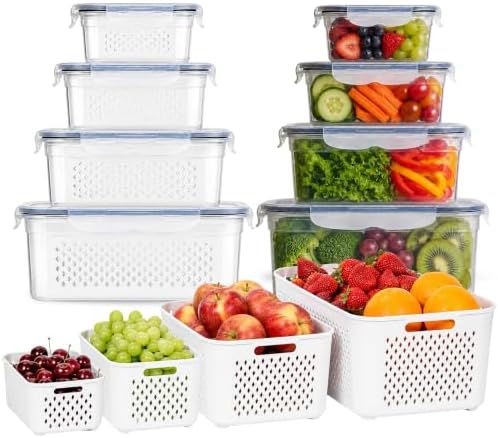 8 Pack Plastic Fruit Storage Containers for Fridge with Removable Colander by RockBerry