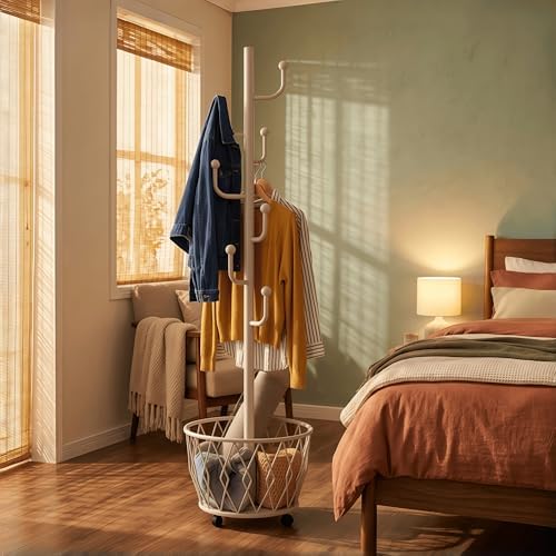 Off-White Moveable Cactus Metal Coat Rack with Basket Freestanding by CBBZJY