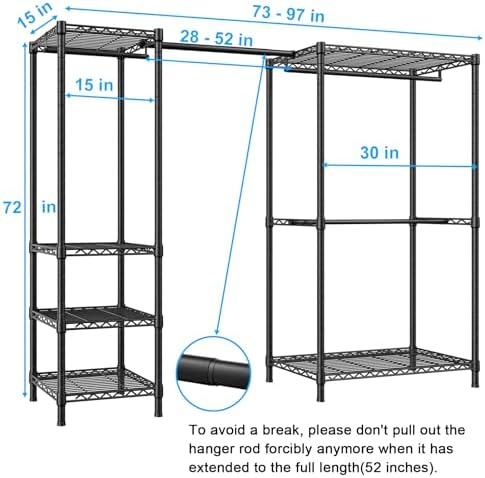 Ulif E10 Clothes Rack（With Stretchable Hanger Rod）Freestanding Clothing Racks for Hanging Clothes，Adjustable Closet Organizer System，Portable Garment Rack 73-97"W x 15" D x 72" H，Max Load 800LBS，Black - Image 2