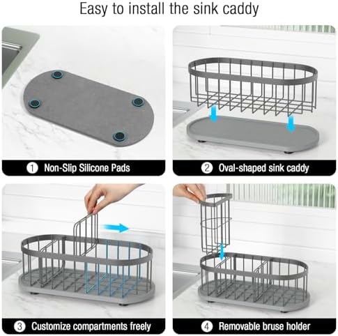 Sink Caddy Sponge Holder for Kitchen with Stone Drying Mat & Brush Holder - Image 4