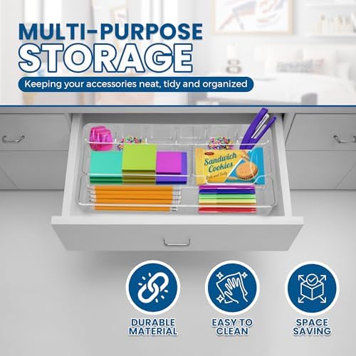 Manaloom Desk Drawer Organizer Tray with 9 Storage Compartments - For Home and Office - Drawer Organizers Office, Perfect Organizing Pens, Pencils, Paper Clips, Sticky Notes - Clear - 2 Pack - Image 4