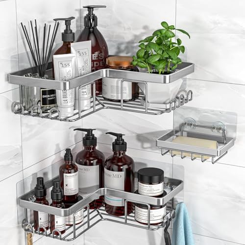 YASONIC Corner Adhesive Shower Caddy, with Soap Holder and 12 Hooks, Rustproof Stainless Steel Bathroom Organizer, No Drilling Wall Mounted Rack, Brushed Silver, 3-Pack by YASONIC