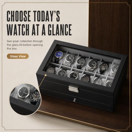 GUKA 12-Slot Watch Box Organizer with Glass Lid, 2-Tier Leather Case - Image 4