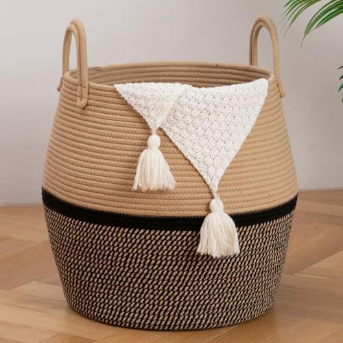 OIAHOMY 60L Blanket Basket with Handle, Storage Basket for Living Room, Laundry Hamper for Clothes, Towels, Pillows, Toy Storage for Kids and Dogs, Baby Hamper for Nursery - Brown & Black by MasterofSpaceOptimization