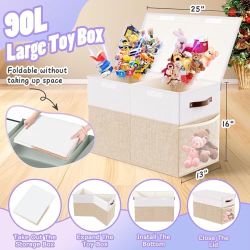Large Toy Storage Box with Lid & Dividers, Kids Toy Chest, Beige and White - Image 2