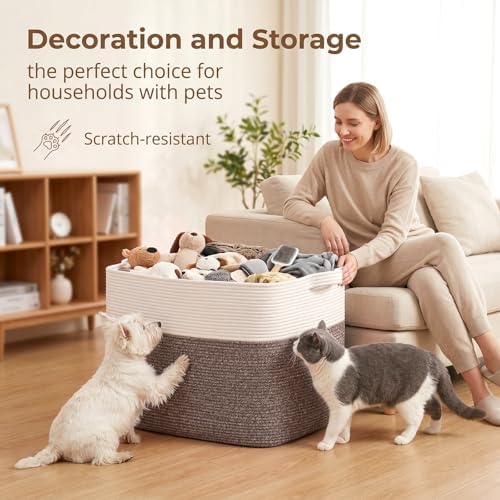 OIASKET 108L Cotton Rope Storage Basket for Living Room and Bedroom 25"x16"x16" Woven Laundry Basket, Heavy Duty Bin for Blankets, Pillows & Toys, Pet-Safe & Scratch-Free, Dark Brown and White - Image 5