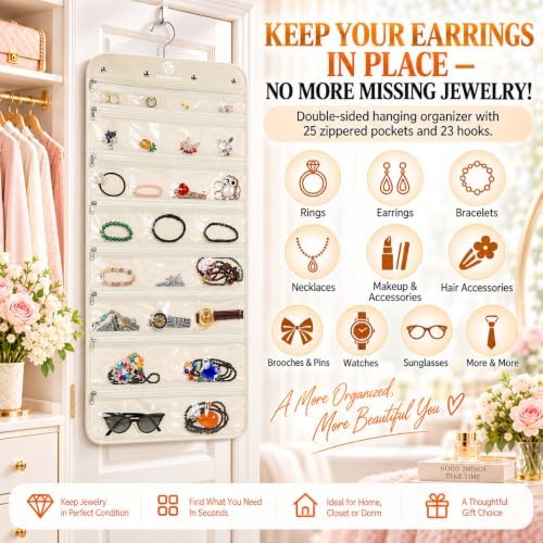 Freegrace Hanging Jewelry Organizer, 25 Zippered Pockets, 23 Necklace Hooks - Image 4