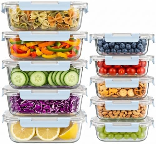 Dealusy 10 Sets 36 oz & 12 oz Glass Food Storage Containers with lids, Blue by Dealusy