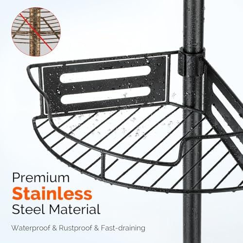 HAMITOR Corner Shower Caddy Tension Pole, 4 Tier Rustproof Organizer- Black - Image 4