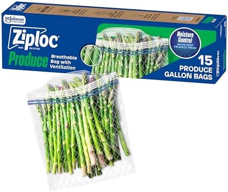 Ziploc Food Storage Produce Bags, Seal Top to Keep and Control Moisture, 15 Bags Total by Ziploc