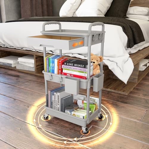 3 Tier Rolling Utility Cart with Drawer,REBECAT Utility Cart Made of Multifunctional Storage Organizer Tool for Kitchen,Bathroom,Living Room,Office(Gray) - Image 3