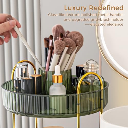 360° Rotating Makeup Organizer, Upgraded 3 Tier Skincare Perfume Organizers for Women, Bathroom Organizer Countertop, Clear Cosmetic Dresser Organizer with Makeup Brush Holder, Sink&Counter (Green) - Image 4