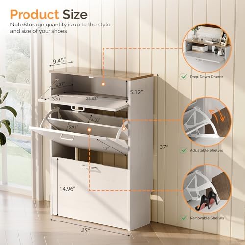 VINGLI Shoe Cabinet Storage for Entryway,Rustic White Narrow Shoe Rack,25"W - Image 2