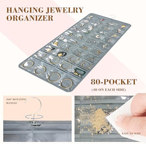 Hanging Jewelry Organizer for Closet Wall Door Double-Sided Jewelry Holder for Earrings, Necklaces, Rings 1 Pcs (Grey) - Image 4