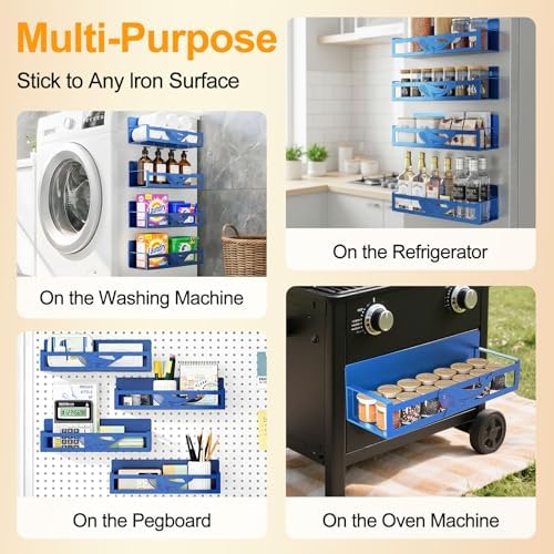 Magnetic Spice Rack for Refrigerator, 4 Pack Metal Magnetic Shelf Organizer for Fridge Side, Strong Spice Storage Rack for Kitchen, Dark Blue - Image 2