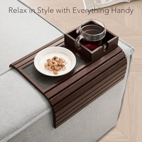 Detor Couch Cup Holder Tray with Super Anti-Slip Pad, Large 4.5" x 4.5" Organizer, Brown-Stained Bamboo Finish, Enhanced Non-Slip Felt Base, Durable Bamboo Slats, Fits Armrests 5.5" and Wider - Image 2