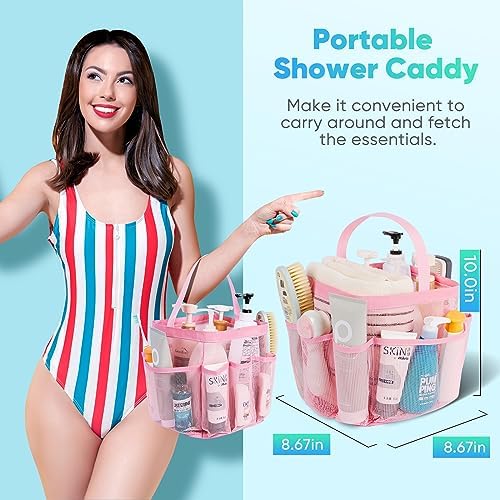 EUDELE Mesh Shower Caddy Portable for College Dorm Room Essentials,Portable Shower Caddy Dorm with 9-Pocket Large Capacity, Shower Bag for Beach, Swimming, Gym, Travel essentials, Pink - Image 3