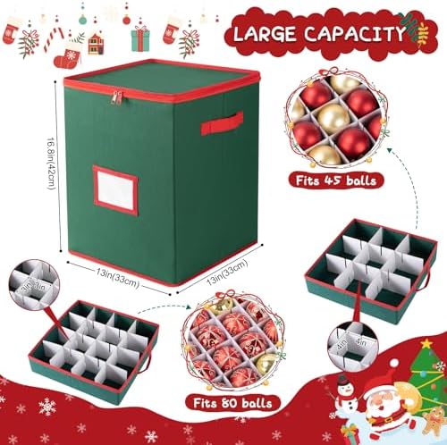 OIAHOMY Ornament Storage Box Holds 80 Christmas Ornaments, Christmas Ornament Storage Include Trays and Zippers, Ornament Organizer with Handle, Made of 600D Oxford Fabric - Green - Image 3