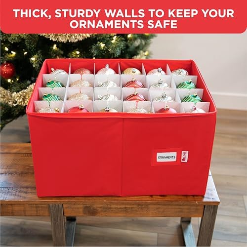 Christmas Ornament Storage Container with Dividers - Box Stores Up to 96 Ornaments, Zippered, Convenient, Adjustable, Large Organizer Bin to Protect Holiday Décor, Fits Most Standard Size, Red - Image 2