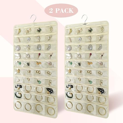 2 PACK(Total 160 Pockets) Hanging Jewelry Organizer with Hanger Metal Hooks Storage On Wall Door Closet Double-Sided(Each Side 40 Pockets) Jewelry Holder for Earrings, Necklaces, Rings (2 Pcs Beige) - Image 6