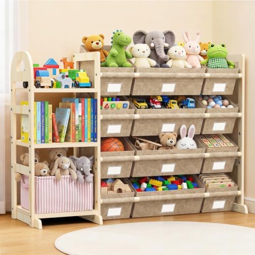 Toy Storage Organizer with 3 Shelves and 12 Bins, Bookshelf/Bookcase, Kids Bin Shelf, Toys Box for Playroom Organization for Bedroom & Room, 47.4" W (khaki) by HONGDDY