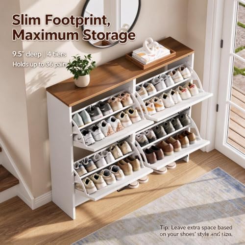 Nicetree Shaker Barn Door Shoe Cabinet, 4 Flip Drawers & 3Tier Adjustable Shelves, Ultra Slim Freestanding, Modern Rustic Brushed White Farmhouse Shoe Rack for Entryway, Hallway, Foyer & Mudroom White - Image 4